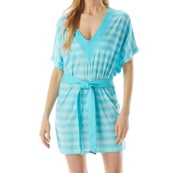 NWT! Michael Kors Turquoise Striped Belted Swimsuit Cover Up NEW! - Picture 1 of 3